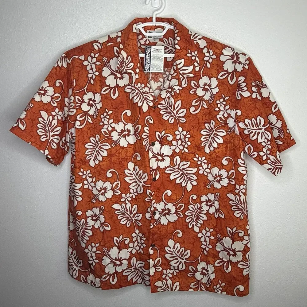 Aloha Republic Hawaiian Shirt Orange Floral Button Front Men’s XL NWT